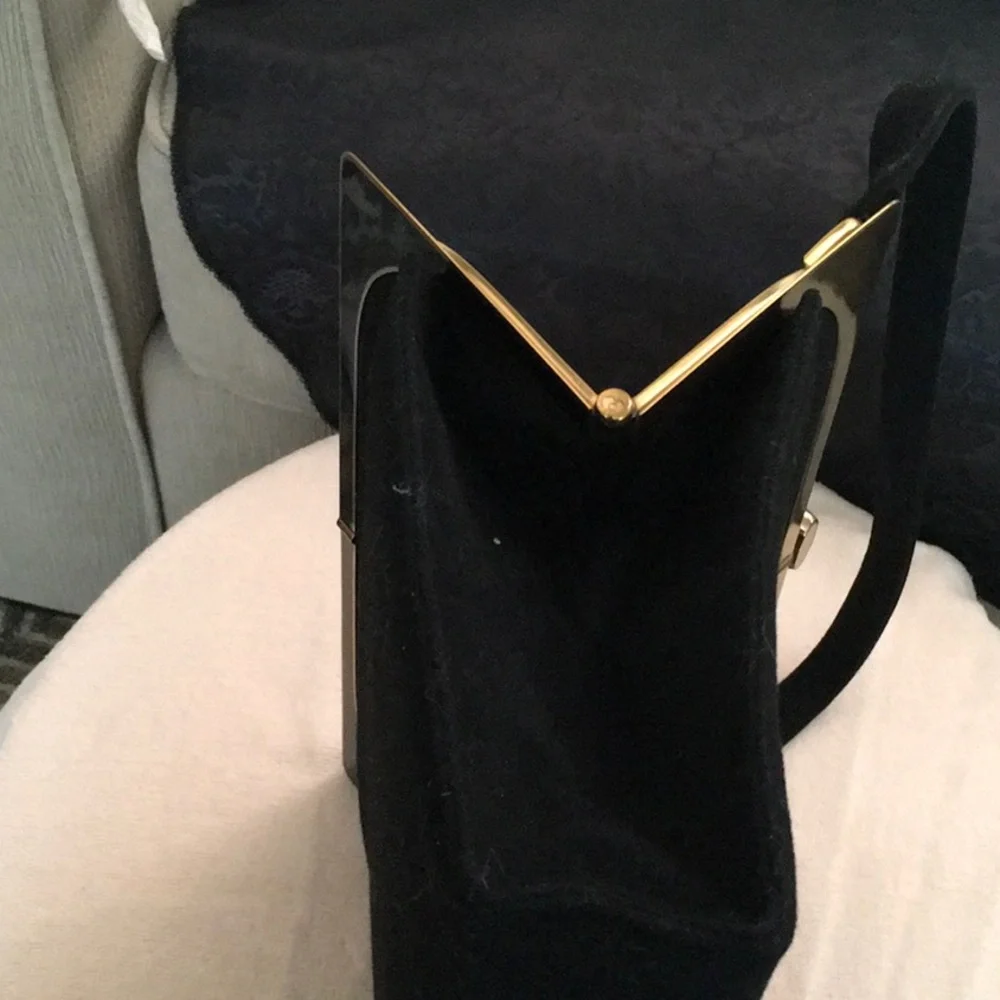 Classic Black Velvet Evening handbag with Gold Accent with fabric lining.